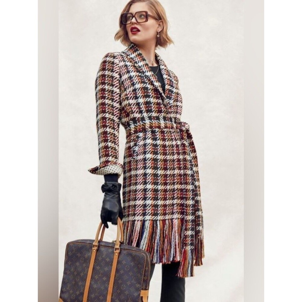 Cabi Regency Coat Tweed Plaid Fringe Hem SZ M